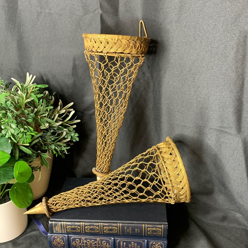 Set of 2 beautiful vintage woven brass wire cone shaped wall pocket basket/art